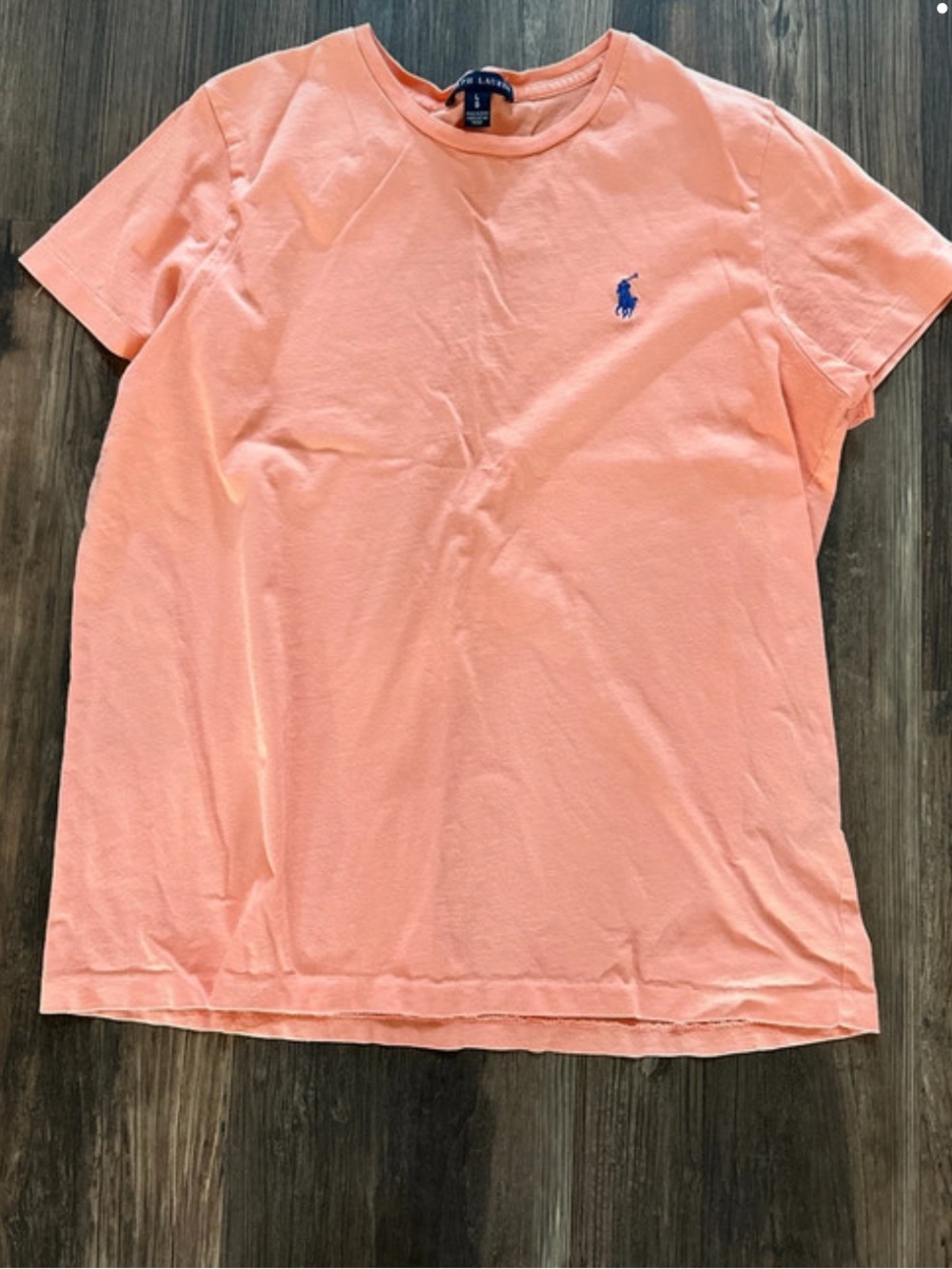 Vintage Ralph Lauren Peach Crewneck Tee with Blue Polo Emblem